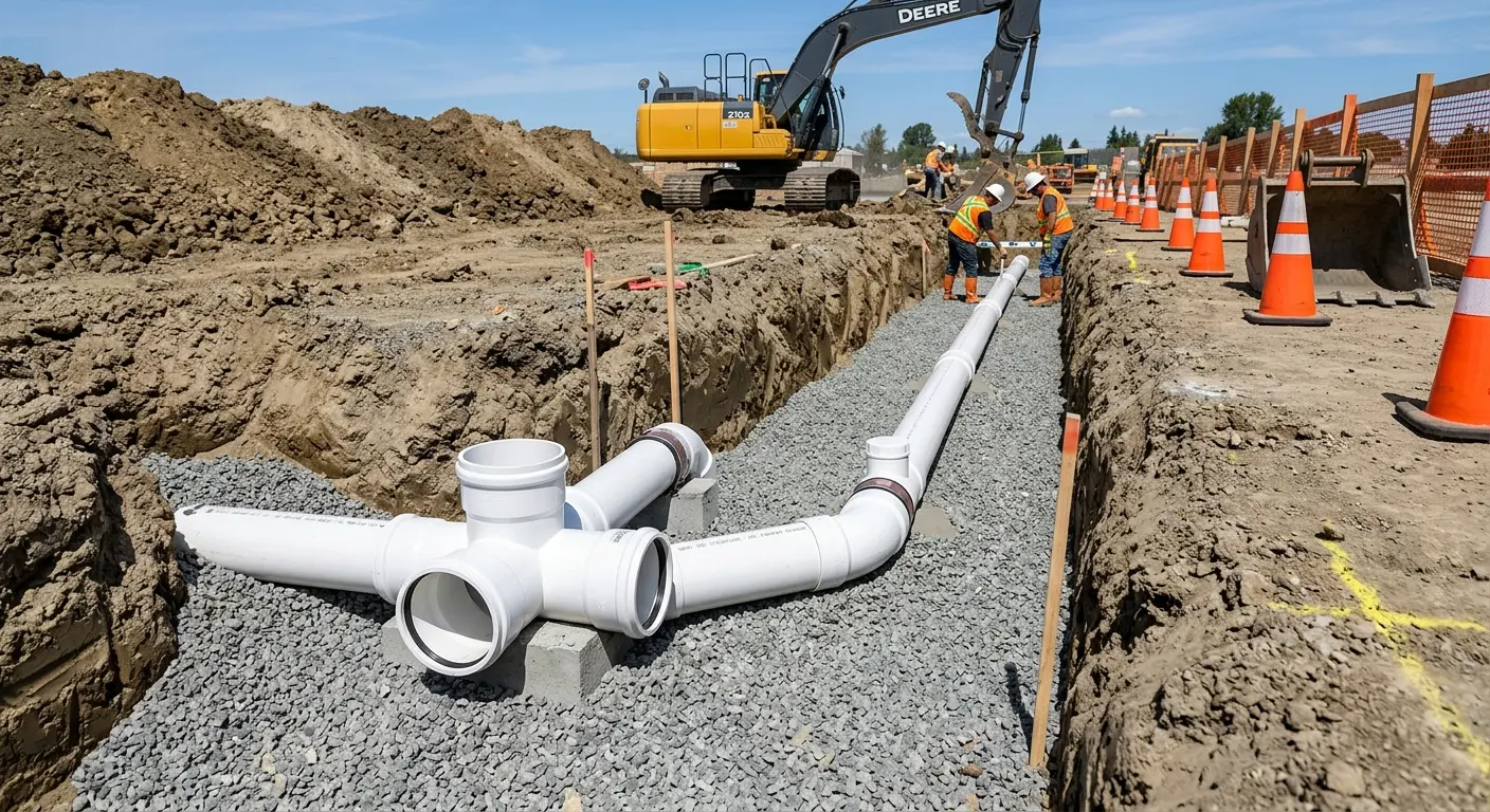 New PVC sewer pipe installation in open trench for Grease Trap Cleaning in Kissimmee