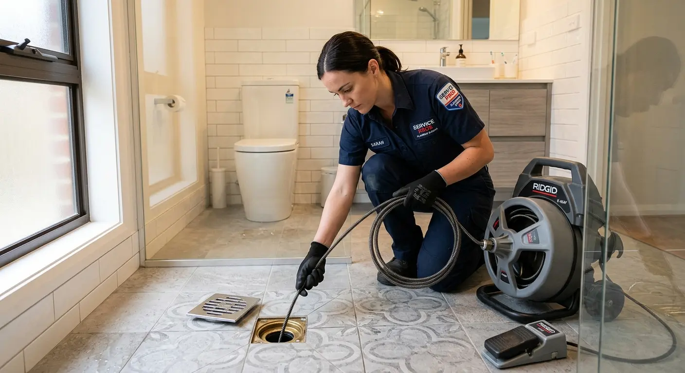 Technician clearing a bathroom floor drain for Hydro Jetting in Kissimmee